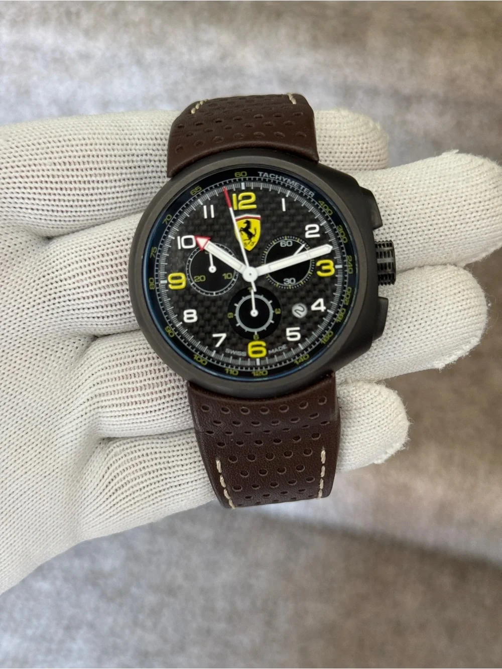 Ferrari F1 classBlack Dial Chronograph Watch with Yellow Accents and Brown Strap